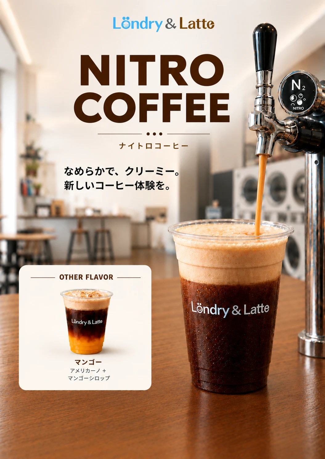 Poster Nitro Coffee: nitro cold brew dituang dari keran, dengan varian mango
